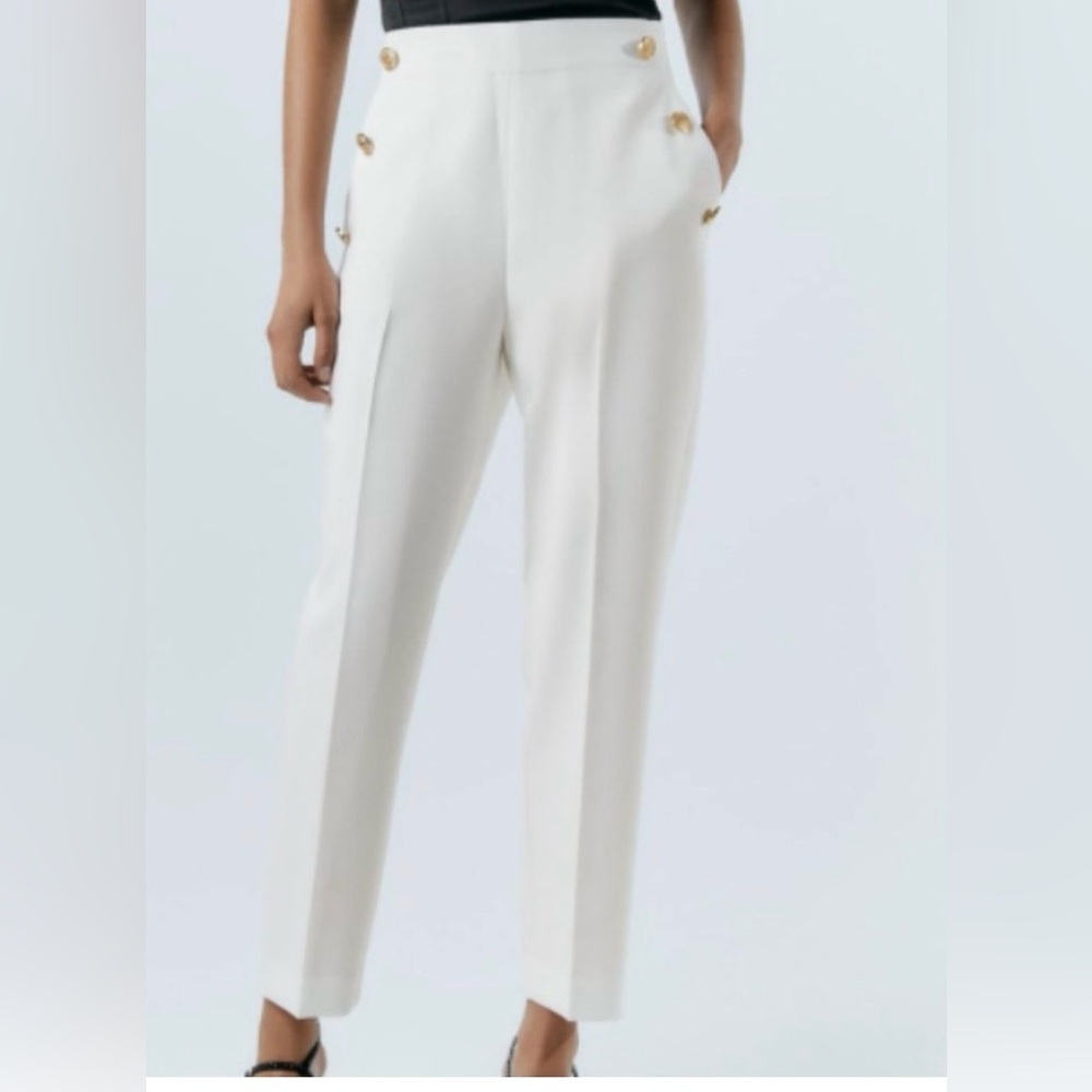 Zara Ivory High Rise Trousers Straight Leg Gold Metallic Crested Buttons Size L
